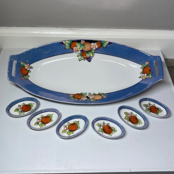 Noritake Lusterware Celery Dish & 6 Salt Dips Floral & Fruit Pattern, Japan Made - Picture 2 of 14